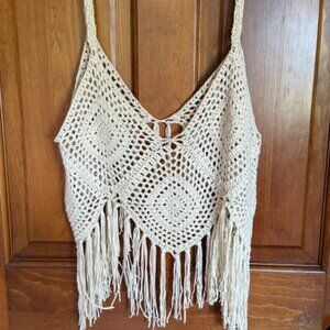 Boho Crocheted Tank Top with Fringe, off White